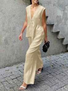 2 件套女式无袖上衣和松紧腰长裤套装，休闲优雅雪纺面料轻薄透明，适合晚间约会、海滩、婚礼、花园、街头 - 杏色 - 查看 2