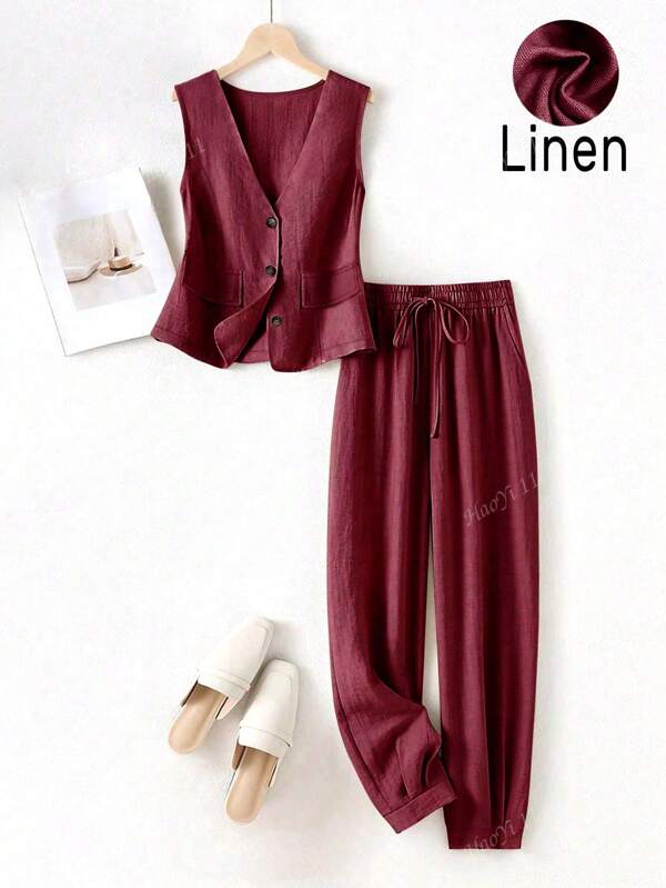 Women's Casual Linen Blazer, Vest And Pants 3pcs Set, For Spring & Summer Resort