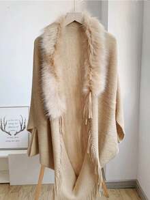 Elegant 1pc Autumn & Winter Fashionable Knitted Shawl With Thick Collar, Fringes & Tassel Design, Suitable For Qipao, All-Matching Style - White - View 10