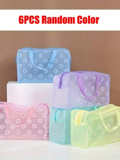 6 件可折叠高品质化妆包和盥洗包 - 容量大、轻便、易于清洁、粉色和绿松石花卉图案，配有安全拉链，适合旅行或日常使用，可折叠设计 | 易清洁材质