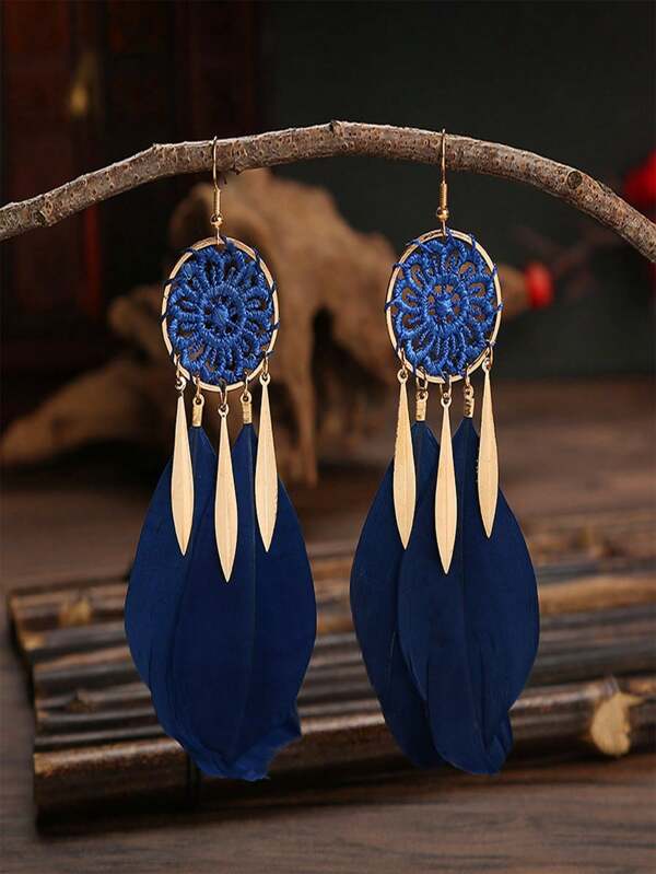 Blue Feather Dream Catcher Earrings, Bohemian Tassel Long Eardrops, Beach Photography Accessories