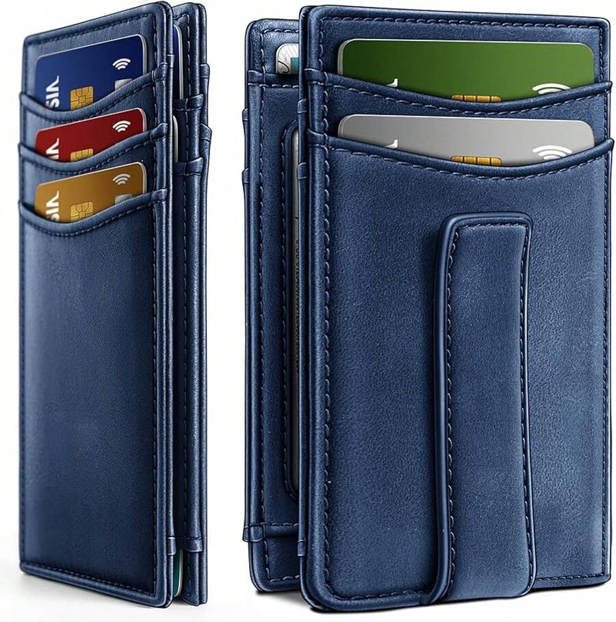 Magnetic Closure Slim Wallet-Genuine Leather Front Pocket Wallet For Men,RFID Blocking,Holds 12 Cards And Money Clip - Blue - View 1