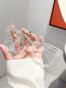 Ochelari de vedere supradimensionați cu ramă Cat-Eye la modă, 1 buc., cu lentile transparente și decor cu strasuri, accesoriu elegant personalizat, potrivit pentru asortarea modei de zi cu zi și pentru naveta zilnică.