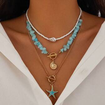 Baroque Style Layered Starfish Pendant Necklace, Fashion Minimalist Multi-Layer Jewelry