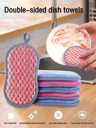 1/5/10 Pieces Of Colored Kitchen Microfiber Sponge, Double-Sided Reusable Stainless Steel Cleaning Pad, Soft Cleaning Brush For Pan And Stovetop, Random Style And Color