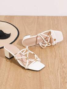 Women's Elegant High Heel Slip-On Sandals, Metal Buckle Thick Heel Fashion Hollow High Heeled Sandals For Outdoor Wear