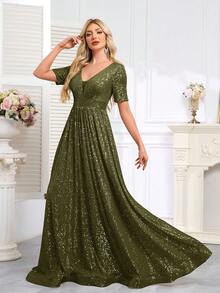 hezixi Elegant Sequin Patchwork Detail Halter Formal Dress, Suitable For Wedding, Party, Gala Dinner, Holiday, Music Festival, Wedding Guest, Cocktail Party, Night Out, Stage Performance, Birthday Party - Olive Green - View 2