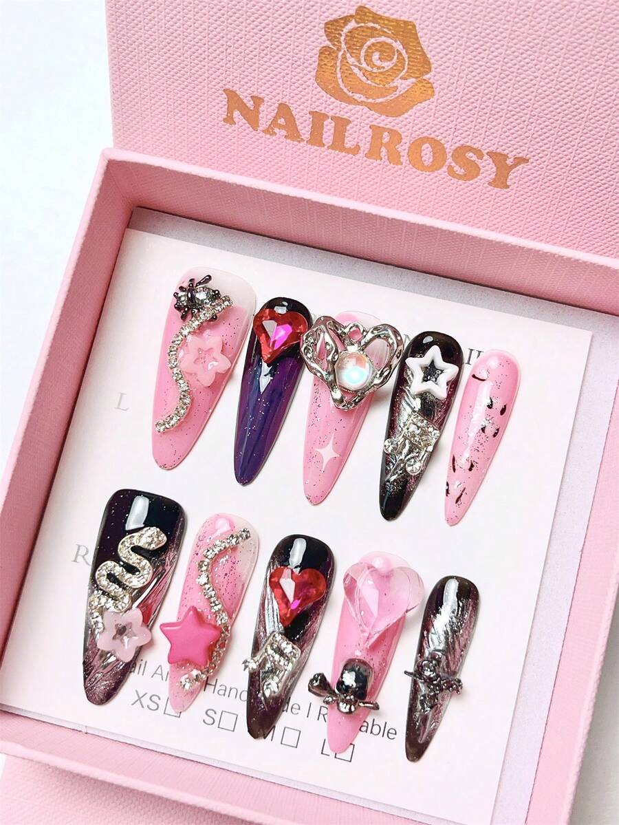 nailrosy 10Pcs Handmade Press On Nails Long Pink Black Almond Star Heart Snake Y2K Nails White Nails Press On Acrylic Nails Christmas Wedding Birthday Party Winter - Multicolor - View 1