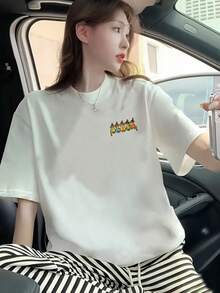 200g Pure Cotton T-Shirt 2025 Summer Ladies New Short Sleeve Pure Cotton Holiday Pattern Short Sleeve Round Neck Couple Wear Small Shirt Tops - trắng - Xem 2