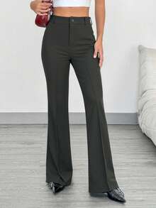 Women's Tailored Flare Pants With Fake Pockets At The Back - Olive Green - View 1