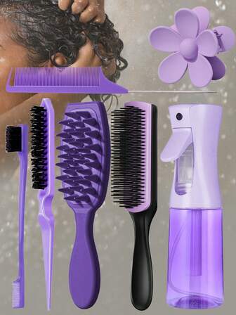 7件套美发造型工具套装（含200毫升透明喷雾瓶），包含：梳子套装（含梳子、9排梳齿梳、尖尾梳、边缘梳、尖尾梳）、硅胶头皮按摩器、沐浴梳、喷雾瓶、花朵造型夹、旅行必备美发工具，适用于各种发质（粉色、紫色、黑色），美发套装，美发工具套装，学生必备美发配件
