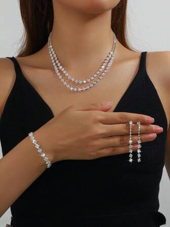 4 件奢华水钻几何多层项链、耳环和手链套装，适合女性日常通勤、校园约会、婚礼、派对、情人节、节日礼物