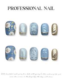 10 piezas Uñas postizas cortas de estilo francés con estampado bohemio azul y brillantes para uso en escenario y actuaciones