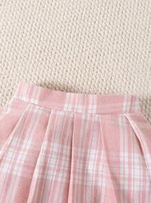 Girls' Peter Pan Collar Long Sleeve Shirt & Plaid Skirt 2pcs Set,Cute Outdoor Outfit For Spring/Autumn