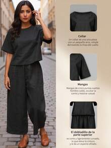 Conjunto Mujer Elegante y Casual,Conjuntos Holgados de Lino para Dama, Ideal para Estilo Relajado y Ocasiones Diarias - Negro - Ver 5