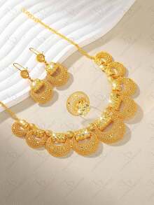 New! 24K Gold Plated Dubai Fashion Elegant Women Jewelry Set: Flower Shaped Earrings, Necklace, Ring - Minimalist Jewelry Set, Middle East Style Elegant For Party, Wedding, Daily Casual Wear - Gold - View 6