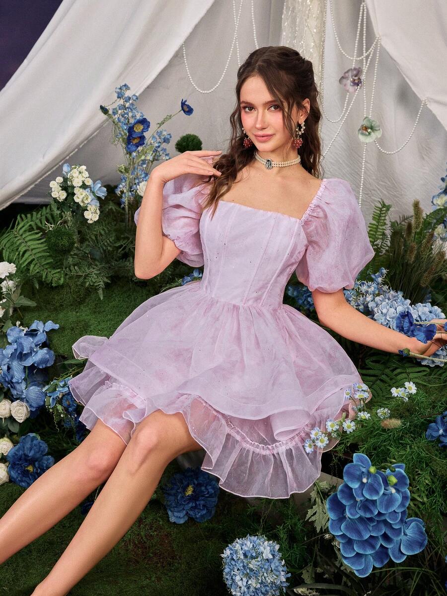 Faeriesty 公主风：春夏方领泡泡袖荷叶边A字连衣裙 - 适合早午餐、办公室、购物、咖啡约会、公园郊游