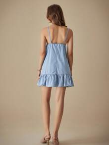 Selenza 夏季荷叶边下摆细肩带牛仔迷你连衣裙 - 淺色水洗藍 - 查看 2