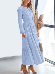Women Fall Maxi Dresses Long Sleeve High Waist Tiered Flowy A-Line Boho Bohemian Long Dress Beach Holiday Vacation Wedding Guest Valentine Outfit - 淺藍色 - 查看 4