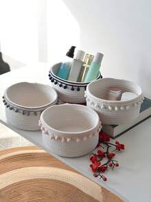 1 件现代手工编织圆球流苏篮，日式白色收纳篮，用于桌面杂物、零食、玩具和钥匙整理 - 白色 - 查看 11