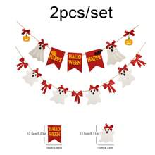 Vintage Cute Red Bow & White Bell Ghost Halloween Party Decorative Banner, Wall Hanging Pennant