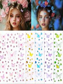 5Pcs/1pc Iridescent Aurora Butterfly Glitter Face Gems Stickers,Blue/Pink/Green/Yellow/Purple Iridescent Aurora Butterfly Organza Butterfly Self-Adhesive 3D Glitter Face Jewels,Sparkling Makeup 3D Diamond Decor Weddings Face Decoration, Music Festival DIY Eye Face Jewelry Decoration, Dance Performance