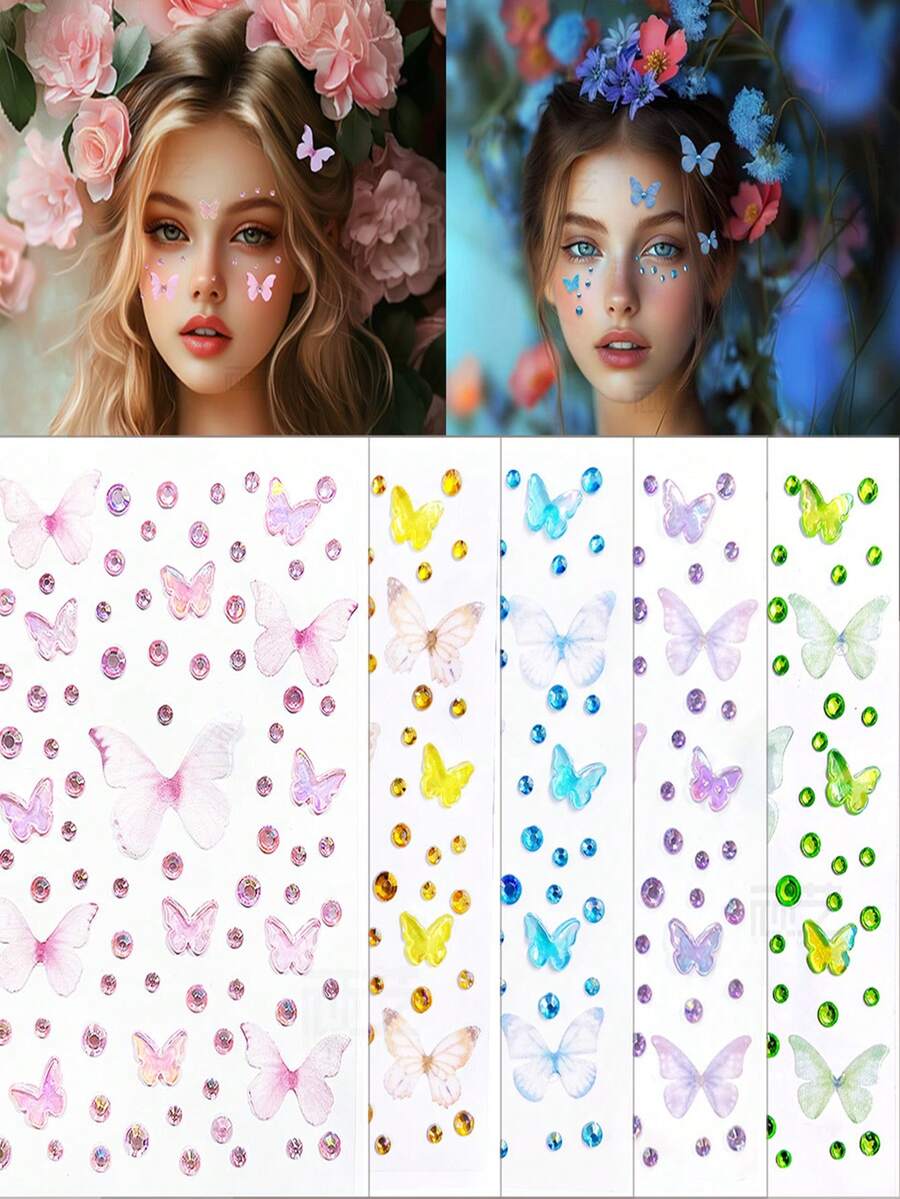 5Pcs/1pc Iridescent Aurora Butterfly Glitter Face Gems Stickers,Blue/Pink/Green/Yellow/Purple Iridescent Aurora Butterfly Organza Butterfly Self-Adhesive 3D Glitter Face Jewels,Sparkling Makeup 3D Diamond Decor Weddings Face Decoration, Music Festival DIY Eye Face Jewelry Decoration, Dance Performance