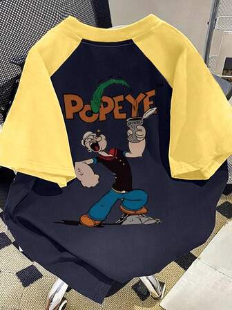 休闲黑白插肩袖卡通字母印花个性时尚宽松日常T恤女款春夏