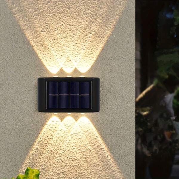 6 Luces solares LED para pared exterior - Adecuada para puerta frontal, patio trasero, garaje, patio y iluminación exterior - Impermeable y duradera - Hecha de material ABS - Funcionamiento solar - Bombilla LED incluida - Sin función láser - Adecuada para hogar, patio, villa, parque y jardín