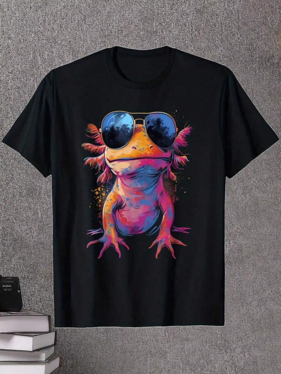 Boys' Cool Axolotl Graphic T-Shirt With Fashion Glasses T-Shirt Gifts For Boys Girls Kids YYQ 180g - màu đen - Xem 1