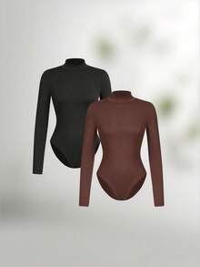 2 Stücke Frauen Rollkragen Langarm Bodysuit, vielseitiger Lässig Bodysuit für Herbst/Winter, Schwarz/Braun Langarm Bodysuit