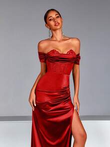 Đầm ôm sát phối ren và lưới tương phản, có tay áo, áo ngực có gọng, xẻ tà, gợi cảm và thanh lịch, thích hợp cho ngày Valentine, tiệc tùng hoặc hẹn hò. - Đỏ - Xem 6