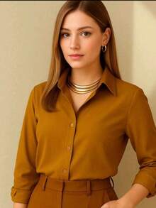 Women's Elegant Button Down Shirt - Casual Chic Simple Style Pocket With Belt Button - 駝色 - 查看 2