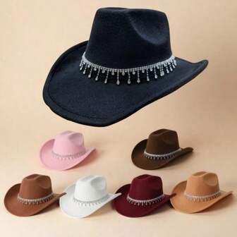 1 stuk effen reflecterende kleurrijke strass kwastjeshoed voor dames met brede rand, veelzijdige mode voor muziekfestivals, gala's, vrijetijdskleding, geschikt voor western cowboystijl