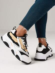 Women's Breathable Flat Sneakers Fashion Chunky Lace-Up Casual Comfortable Platform Sneakers Workout Sport Running Walking Tennis Shoes - 黑與白 - 查看 8
