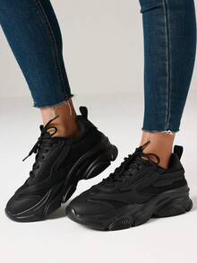 Women's Breathable Flat Sneakers Fashion Chunky Lace-Up Casual Comfortable Platform Sneakers Workout Sport Running Walking Tennis Shoes - màu đen - Xem 6
