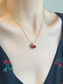 Cherries Motif Pendant Necklace Red Agate Stone Accent Youth Playful Design Year Round Adaptability Campus Celebration Transition Refined Accent Gift Academic  Adornment Light Reflection Art Fashionable Elegant All-Season Necklace Daily Wear Necklace Simple Stylish Party Necklace Minimalist Versatile Gift Necklace Minimalist Office Accessories Light Luxury Elegant All-Season Necklace - 櫻桃 - 查看 2