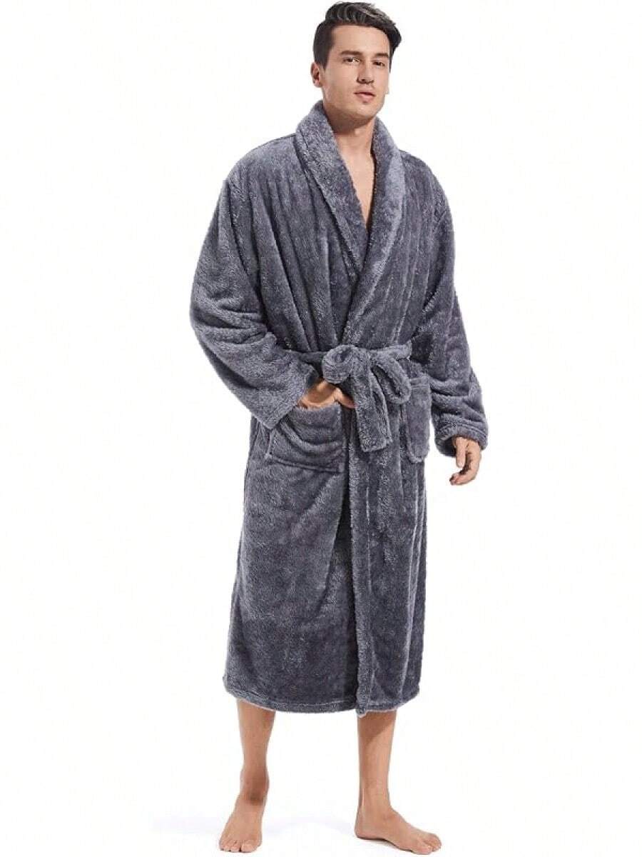 Cozy Plush Fleece Robe With Pockets For Men - Dark Grey - Dark Grey - View 1