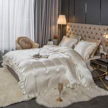 300 Thread Count Satin Duvet Cover Set Ruffled Duvet Cover Set Silk Like Satin Bedding Set Solid Color Bedding Sets Silky Ruffled Duvet Cover Set Luxury Hotel Bedding Cover Set All Season Quilt Cover With Pillowcases - White - View 6