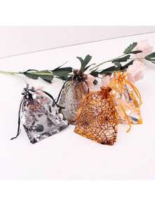 12/24 件万圣节和圣诞节欧根纱礼品袋，带抽绳封口 - 蜘蛛网、南瓜、蝙蝠和秋叶图案 - 耐用涤纶混纺糖果和派对礼品袋，适用于节日活动、万圣节配饰、季节性庆祝活动、装饰图案、闪光纹理、活动组织者 - 彩色 - 查看 6