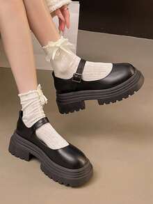 厚底圆头高跟时尚搭扣浅口鞋，粗跟一脚蹬休闲纯色平底鞋 - 黑色 - 查看 5