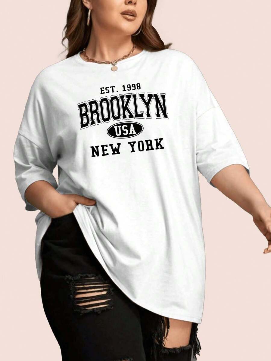 Women's Plus Size Plain Round Neck T-Shirt Fashion  Oversized - 白色 - 查看 1