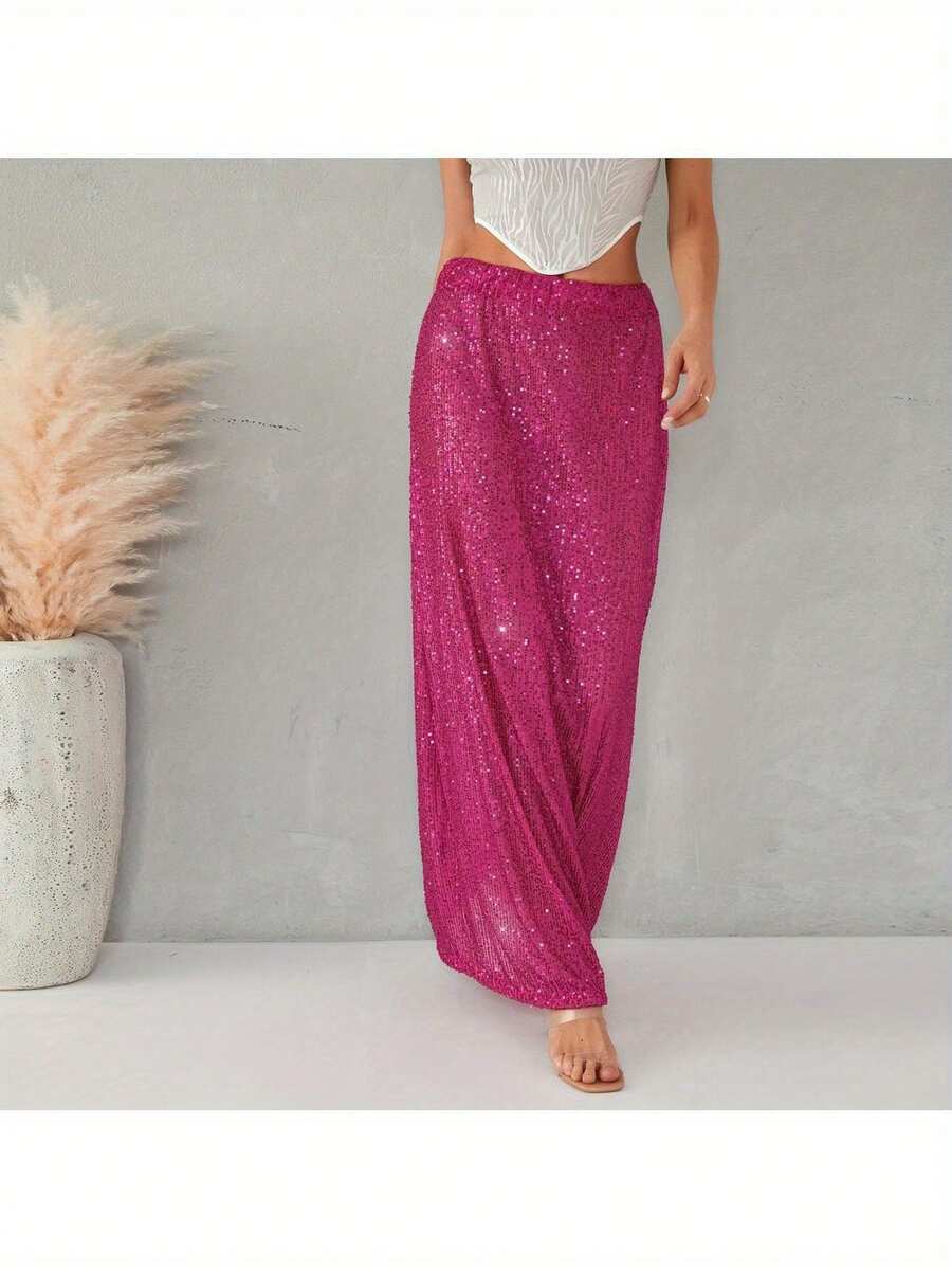 Women's Sequins Long Skirts Low Waist Party Skirts Spring Summer Fashion Casual Skirts Streetwear - 玫紅色 - 查看 1