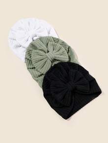 Set de 3 gorros de bebé recién nacido en unicolor, elásticos, con venda de moño - Multicolor - Ver 31