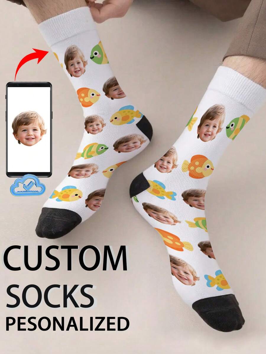 1 Pair Of Customized Crew Socks,Custom Face Socks, Couple Socks,Custom Photo Sock, Custom Printed Socks, Personalized Funny Face Socks, Custom Picture Socks, Put Any Face On The Socks, Anniversary Gift, Valentine Gift, Birthday Gift, Wedding Gift - White - View 1
