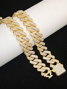 Silvery Blue Dog Chain Collar Artificial Diamond Cuban Chain Dog Collar 14mm Wide Dog Necklace Metal Cat Chain Pet Crystal Collar Jewelry Accessories For Small Medium Large Dogs And Cats - Silver - View 7