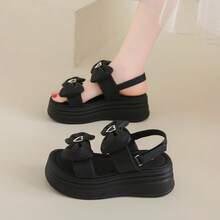 黒プラットフォームリボン甘いサンダル女性の夏の 2025 新しい小さな厚底ベルクロサンダル - ブラック - チェックする 9