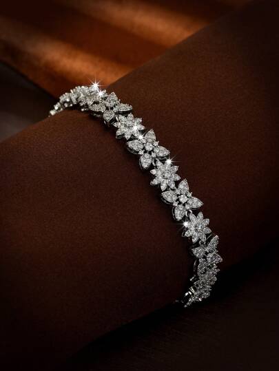 1pc Elegant Chain Bracelet With Flower & Cubic Zirconia Decor, Suitable As Women Birthday Gift