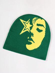 1pc Face Pattern Intarsia Knit Beanie Hat, Fashionable Y2K Vibe, Warm And Windproof