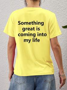 Customized Women Short Sleeve T-Shirt With Front And Back Graphic - Add Your Own Text (Color And Font Selectable), Design Your Personalized Printed Tee, Anniversary Gift, Valentine's Day Gift Summer - Yellow - View 5